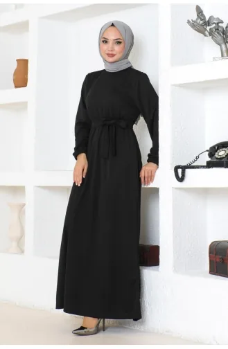 Gürteldetailliertes Hijab-Kleid 2086-01 Schwarz 2086-01