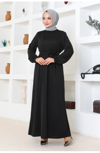 Gürteldetailliertes Hijab-Kleid 2086-01 Schwarz 2086-01