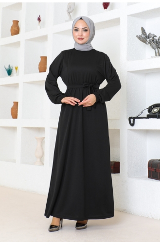 Gürteldetailliertes Hijab-Kleid 2086-01 Schwarz 2086-01