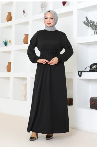 Gürteldetailliertes Hijab-Kleid 2086-01 Schwarz 2086-01