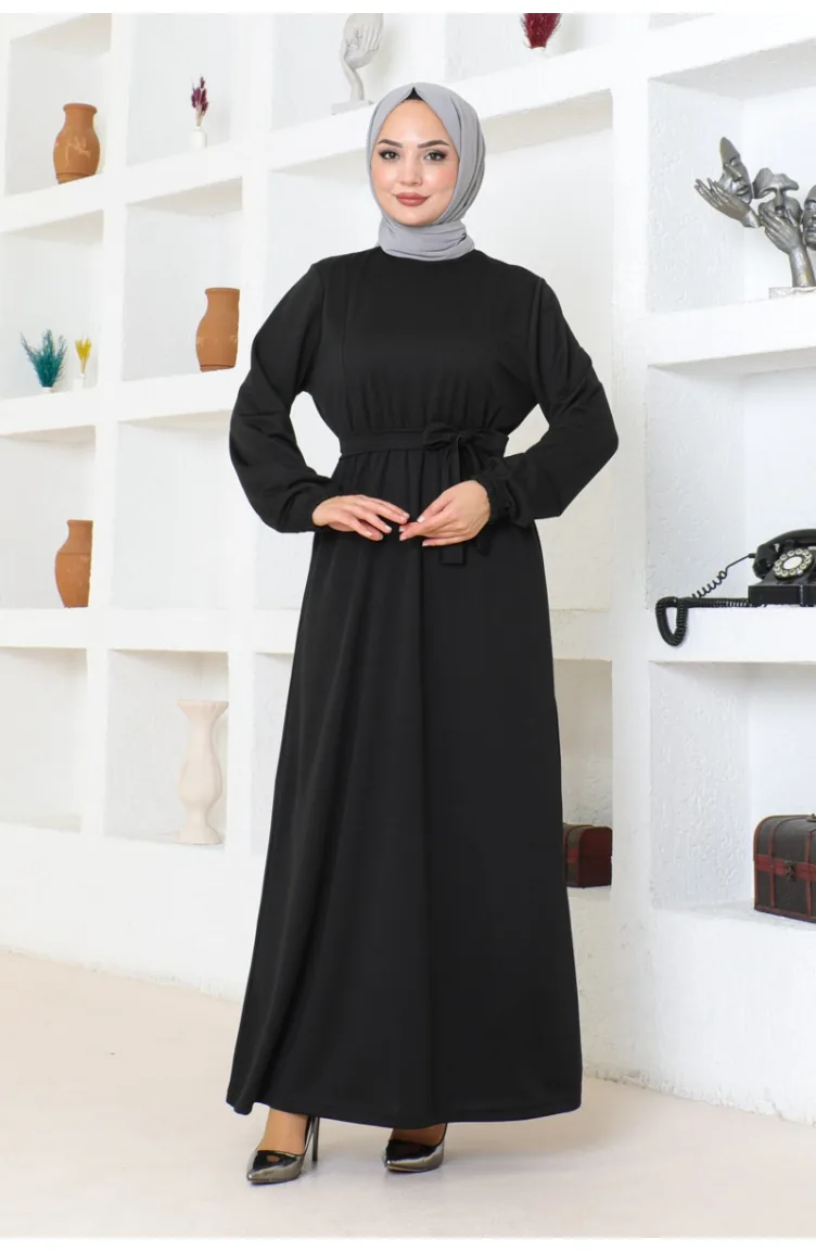 Gürteldetailliertes Hijab-Kleid 2086-01 Schwarz 2086-01