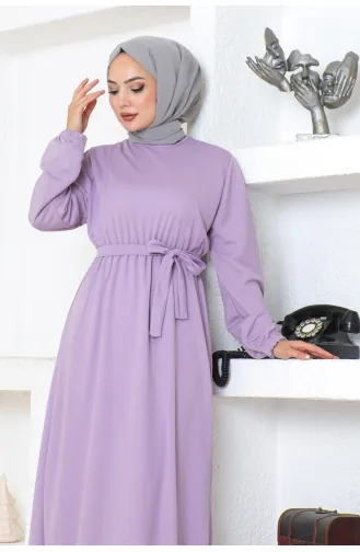 Gürteldetailliertes Hijab-Kleid 2086-03 Flieder 2086-03