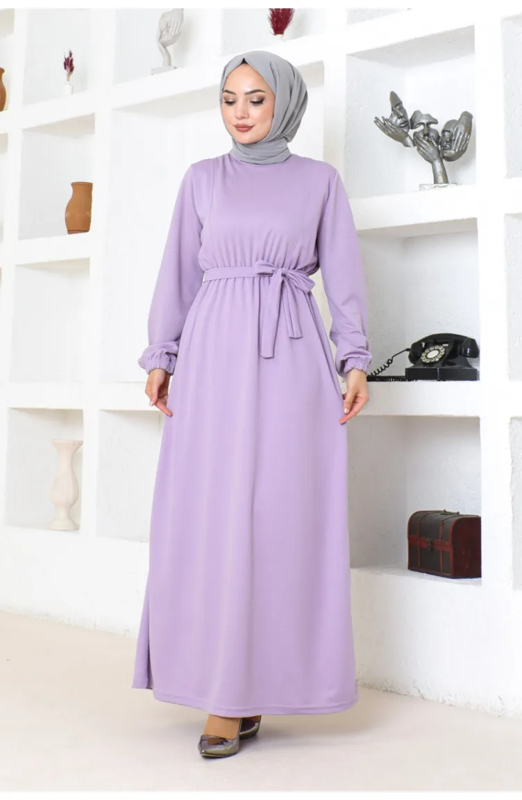 Gürteldetailliertes Hijab-Kleid 2086-03 Flieder 2086-03