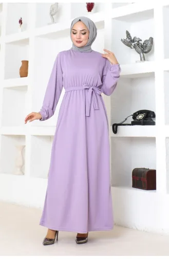 Gürteldetailliertes Hijab-Kleid 2086-03 Flieder 2086-03