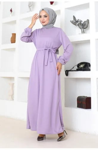 Gürteldetailliertes Hijab-Kleid 2086-03 Flieder 2086-03