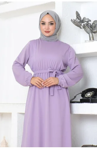 Gürteldetailliertes Hijab-Kleid 2086-03 Flieder 2086-03