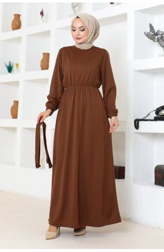 Gürteldetailliertes Hijab-Kleid 2086-04 Braun 2086-04