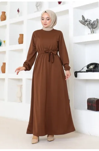 Gürteldetailliertes Hijab-Kleid 2086-04 Braun 2086-04