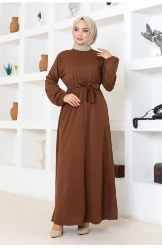 Gürteldetailliertes Hijab-Kleid 2086-04 Braun 2086-04