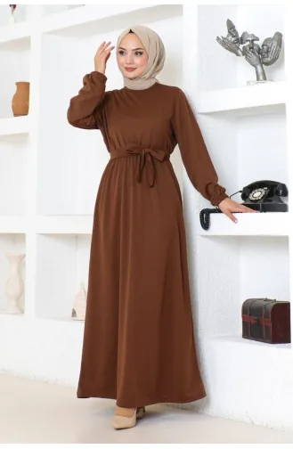 Gürteldetailliertes Hijab-Kleid 2086-04 Braun 2086-04