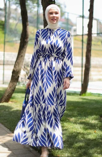 Gerafftes Kleid Aus Viskose Mit Pinselmuster 81869-04 Indigo 81869-04