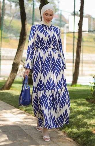 Gerafftes Kleid Aus Viskose Mit Pinselmuster 81869-04 Indigo 81869-04