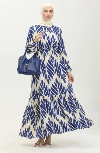 Gerafftes Kleid Aus Viskose Mit Pinselmuster 81869-04 Indigo 81869-04