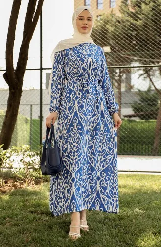 Gemustertes Viskosekleid Mit Gürtel 0439-05 Indigo 0439-05