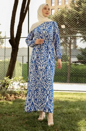 Gemustertes Viskosekleid Mit Gürtel 0439-05 Indigo 0439-05