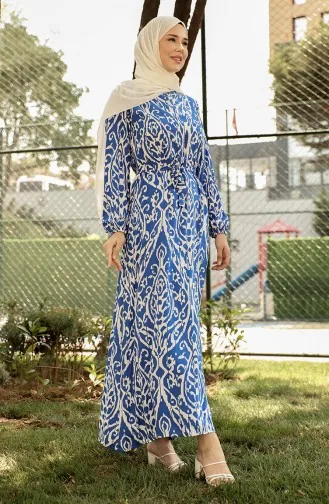 Gemustertes Viskosekleid Mit Gürtel 0439-05 Indigo 0439-05