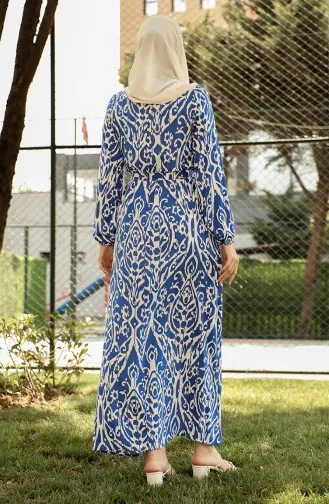 Gemustertes Viskosekleid Mit Gürtel 0439-05 Indigo 0439-05