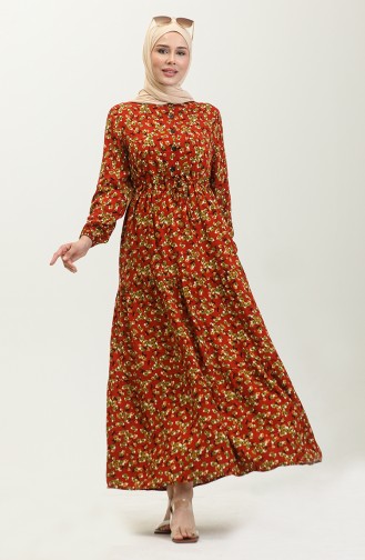 Robe Viscose A Motifs Fleuris 0426-04 Khaki Brique 0426-04
