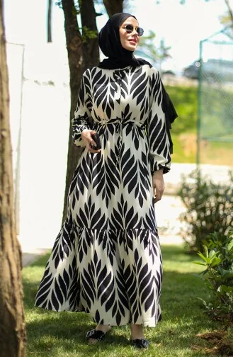 Viscose Brush Pattern Gathered Dress 81869-07 Cream Black 81869-07