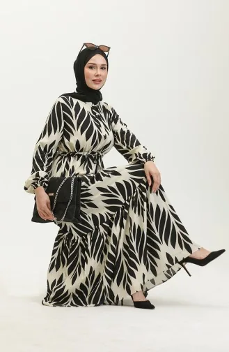 Viscose Brush Pattern Gathered Dress 81869-07 Cream Black 81869-07