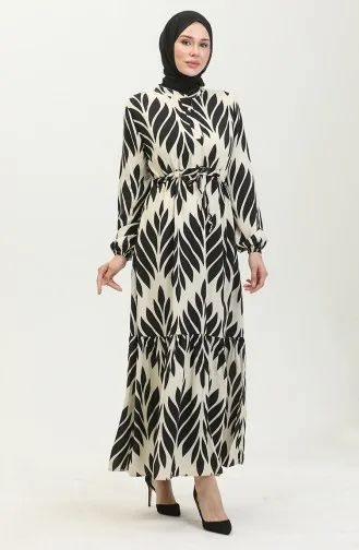 Viscose Brush Pattern Gathered Dress 81869-07 Cream Black 81869-07