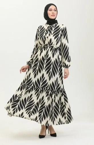 Viscose Brush Pattern Gathered Dress 81869-07 Cream Black 81869-07