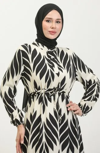 Viscose Brush Pattern Gathered Dress 81869-07 Cream Black 81869-07