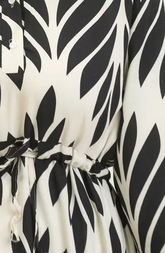 Viscose Brush Pattern Gathered Dress 81869-07 Cream Black 81869-07