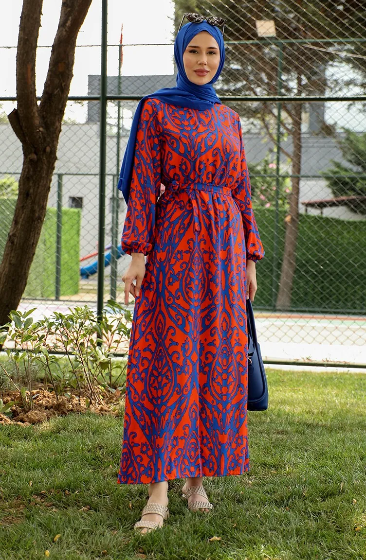 Robe Viscose A Motifs Et Ceinturée 0439-04 Orange Bleu Marine 0439-04