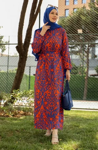 Robe Viscose A Motifs Et Ceinturée 0439-04 Orange Bleu Marine 0439-04