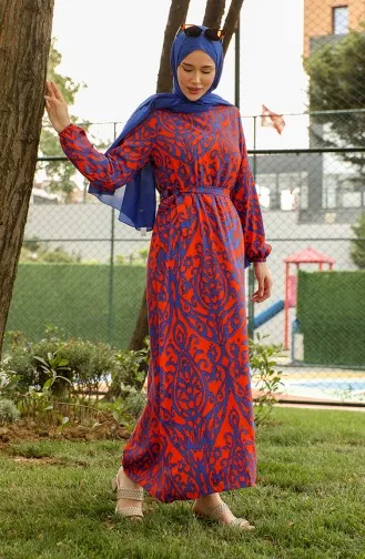 Robe Viscose A Motifs Et Ceinturée 0439-04 Orange Bleu Marine 0439-04