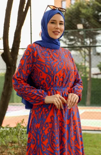 Robe Viscose A Motifs Et Ceinturée 0439-04 Orange Bleu Marine 0439-04