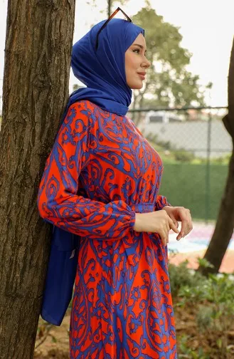 Robe Viscose A Motifs Et Ceinturée 0439-04 Orange Bleu Marine 0439-04