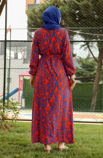 Robe Viscose A Motifs Et Ceinturée 0439-04 Orange Bleu Marine 0439-04