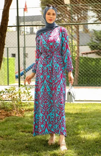 Desenli Kuşaklı Viskon Elbise 0439-03 Petrol