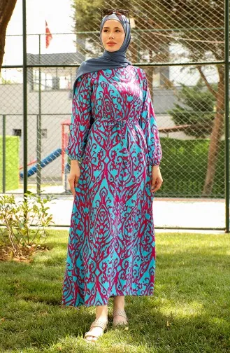 Desenli Kuşaklı Viskon Elbise 0439-03 Petrol