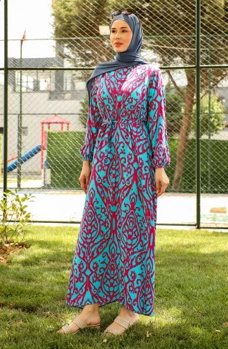 Desenli Kuşaklı Viskon Elbise 0439-03 Petrol