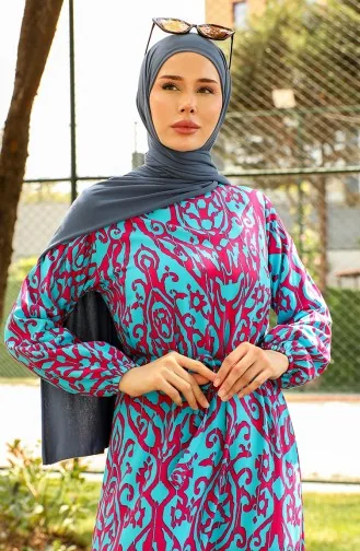 Desenli Kuşaklı Viskon Elbise 0439-03 Petrol