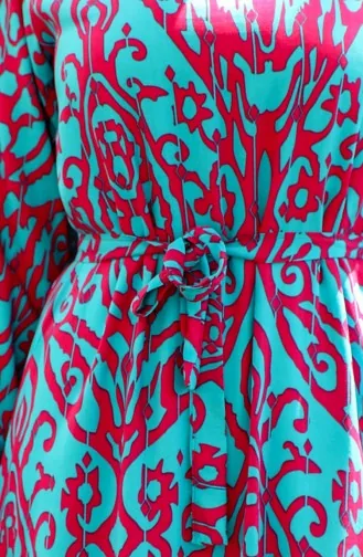 Desenli Kuşaklı Viskon Elbise 0439-03 Petrol