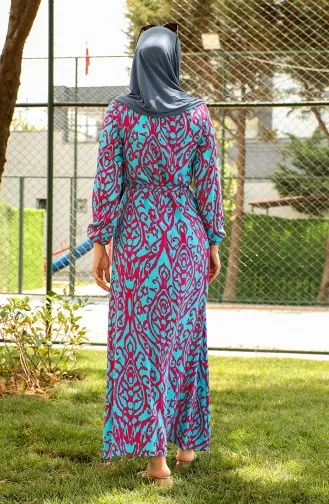 Desenli Kuşaklı Viskon Elbise 0439-03 Petrol