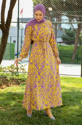 Gemustertes Viskosekleid Mit Gürtel 0439-02 Gelb 0439-02