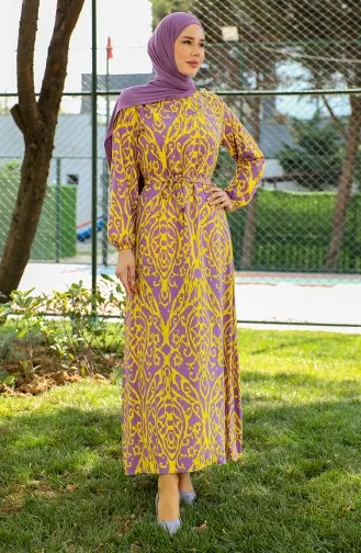 Gemustertes Viskosekleid Mit Gürtel 0439-02 Gelb 0439-02