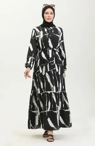 Viscose Brush Pattern Gathered Dress 81869-08 Black 81869-08