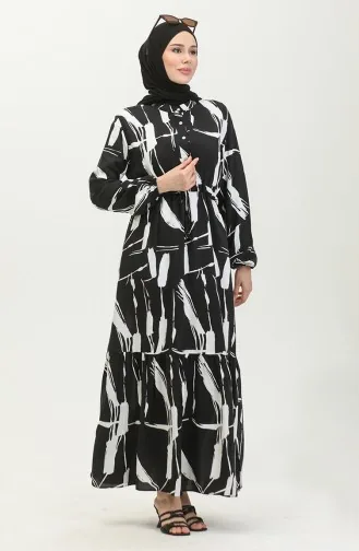 Viscose Brush Pattern Gathered Dress 81869-08 Black 81869-08