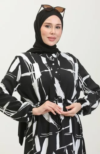 Viscose Brush Pattern Gathered Dress 81869-08 Black 81869-08