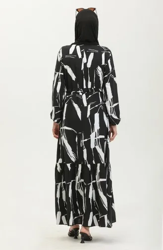 Viscose Brush Pattern Gathered Dress 81869-08 Black 81869-08