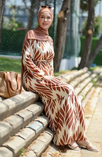 Viscose Brush Pattern Gathered Dress 81869-06 Tan 81869-06