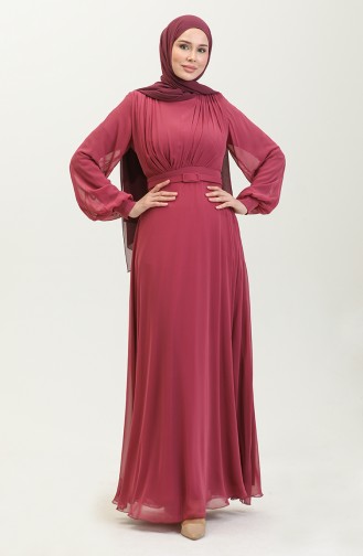 Pileli Abiye Elbise 5422-16 Açık Mürdüm