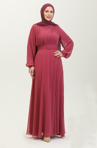 Pileli Abiye Elbise 5422-16 Açık Mürdüm