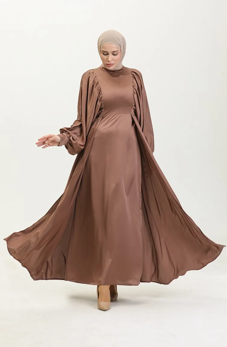 Robe De Soirée Satin Manches Ballon 6020A-04 Brun Lait 6020A-04